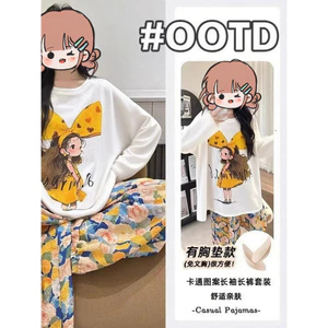 Bộ đồ ngủ vải cotton bông mâydài tay, quần dài, có đệm ngực, phong cách hoạt hình rộng rãi