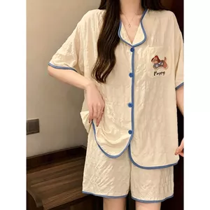 Bộ Đồ Ngủ Cotton Đám Mây Cổ Bẻ Ngắn Tay Ngắn Mùa Hè Cardigan Rộng Rãi Cho Nữ