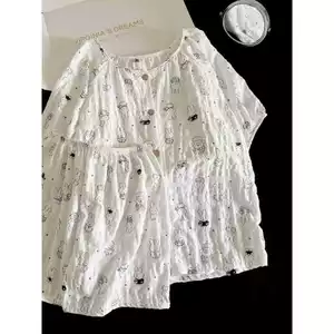 Hai Mảnh Đồ Ngủ Nữ Ngắn Tay Quần Short Cardigan Cổ Tròn Hoạt Hình Mặc Nhà Bộ Đồ Nữ