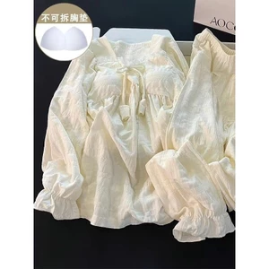 Đồ ngủ có đệm ngực mùa xuân thucotton hình đám mây gồm áo dài tay và quần dài; trang phục ở nhà ngọt ngào cho nữ