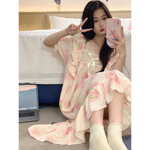 Bộ Đồ Ngủ Nhăn Bong Bóng Ren Tay Ngắn Mùa HèVáy Ngủ Thoải Mái Mặc Ở Nhà Cho Nữ Mặc Bên Ngoài Phong Cách Ngọt Ngào