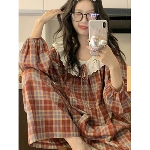 Bộ đồ ngủ ren viền cổ lớn ngọt ngào phong cách Hàn Quốc – bộ đồ mặc nhà nữ xuân thu có thể mặc ngoài