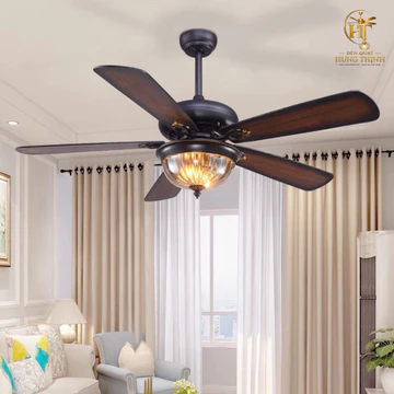 Quạt trần đèn led 5 cánh gỗ tân cổ điển Pháp,Quạt trần đẹp trang trí phòng khách có điều khiển từ xa HT
