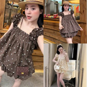 Set váy thời trang nữ diện đi chơi chất đũi hàn áo tay mảnh nhúng cổ vuông phối chân váy dáng mini xòe in chấm bi xịn Mo