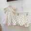 Set váy thời trang nữ diện đi chơi chất đũi hàn áo tay mảnh nhúng cổ vuông phối chân váy dáng mini xòe in chấm bi xịn Mo