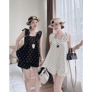 Set bộ đùi bánh bèo thời trang nữ chất cotton lạnh mịn áo dây nơ cổ vuông phối quần short ống rộng in bi nhỏ Mon fashion