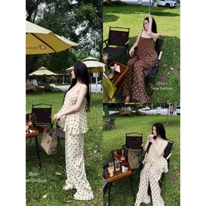 Set bộ thời trang nữ phong cách trẻ trung chất đũi vân mây in bi xịn áo 2 dây mỏng phối quần dài ống rộng Mon fashion