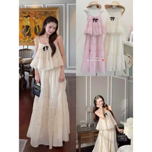 Set váy thời trang nữ style hàn quốc chất tơ phối lươi áo 2 dây đính nơ phối chân váy dài dáng xòe 4 tầng in bi nhí nhí