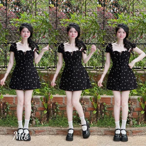 Đầm Thời trang nữ chất nhung tăm cổ Vuông bèo tay ngắn váy in nơ tặng kèm quần trong phù hộp đi biển Mon fashion