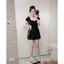 Đầm Thời trang nữ chất nhung tăm cổ Vuông bèo tay ngắn váy in nơ tặng kèm quần trong phù hộp đi biển Mon fashion