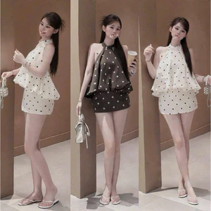 Set váy thời trang nữ phong cách sành điệu chất cotton áo cổ yếm phồng phối chân váy dáng chữ A mini họa tiết chấm bi Mo