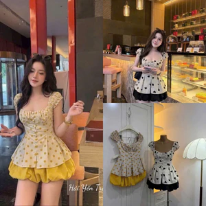 Set váy thời trang nữ siêu hot hit chất áo cotton tay mảnh cổ vuông in bi to phôia chân váy lụa dáng bí phồng xinh Mon f