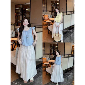 Set váy thời trang nữ cách nàng thơ chất áo đũi hàn tay cánh tiên cổ vuông phối chân váy tơ ánh kim dáng xòe xinh tươi M