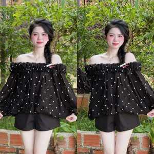 Set bộ thời trang nữ diện đi chơi chất áo mango xịn in chấm bi nhí trễ vai tay dài phối quần short tuyết mưa ống rộng Mo