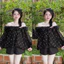 Set bộ thời trang nữ diện đi chơi chất áo mango xịn in chấm bi nhí trễ vai tay dài phối quần short tuyết mưa ống rộng Mo