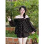 Set bộ thời trang nữ diện đi chơi chất áo mango xịn in chấm bi nhí trễ vai tay dài phối quần short tuyết mưa ống rộng Mo