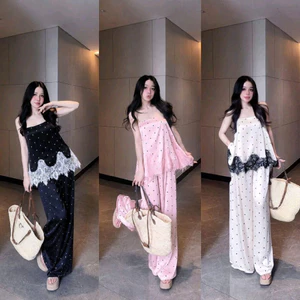 Set áo lụa chấm bi cúp ngực 2 dây và chân quần dáng dài quyến rũ Mon fashion