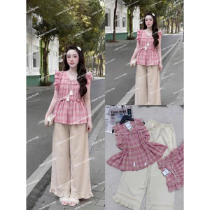 Set bộ thời trang nữ xinh như nàng thơ chất áo lenin caro tay cánh tiên bèo phối quần quần tuyết mưa dài ống rộng Mon fa