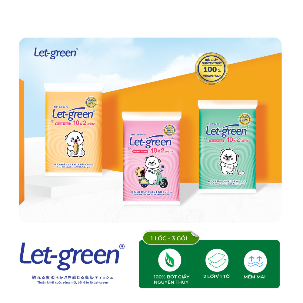 [Hàng Chính Hãng] Lốc 3 Gói Khăn Giấy Bỏ Túi LET-GREEN 10 Tờ Bột Giấy Nguyên Chất - Nhỏ Gọn Tiện Lợi