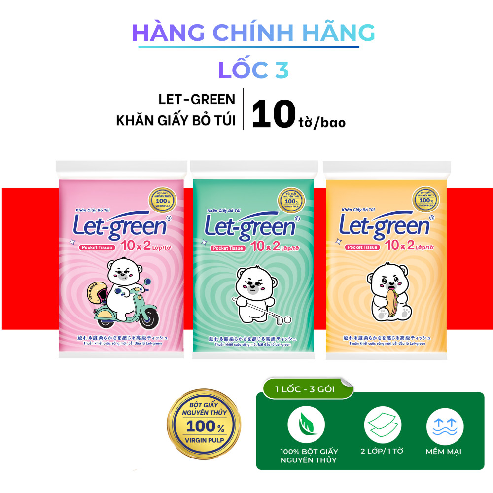 [Hàng Chính Hãng] Lốc 3 Gói Khăn Giấy Bỏ Túi LET-GREEN 10 Tờ Bột Giấy Nguyên Chất - Nhỏ Gọn Tiện Lợi