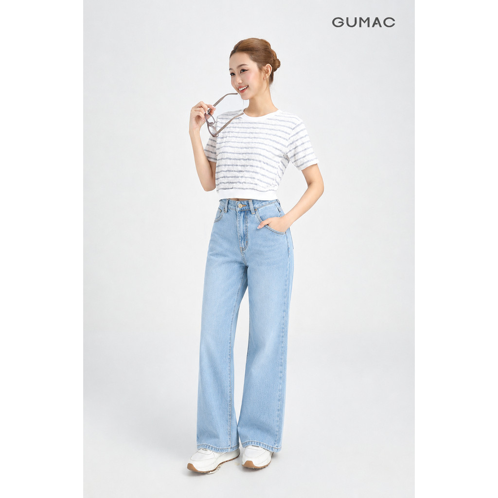 Quần Jeans Suông Nữ Gmorning - GUMAC Dài 95cm Denim Thêu Gmor Xanh Nhạt Tôn Dáng YQJE10080