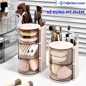 Hộp Đựng Mỹ Phẩm Xoay 360 Độ Để Bàn, Kệ đựng cọ trang điểm, Mút, Son Nắp Kín Ngăn Bụi