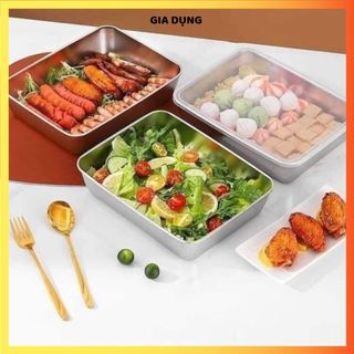 (COMBO 5) KHAY ĐỰNG THỰC PHẨM INOX 304 CÓ NẮP NHỰA - Hộp Bảo Quản Thực Phẩm 3 Size Tiện Lợi 22-24CM