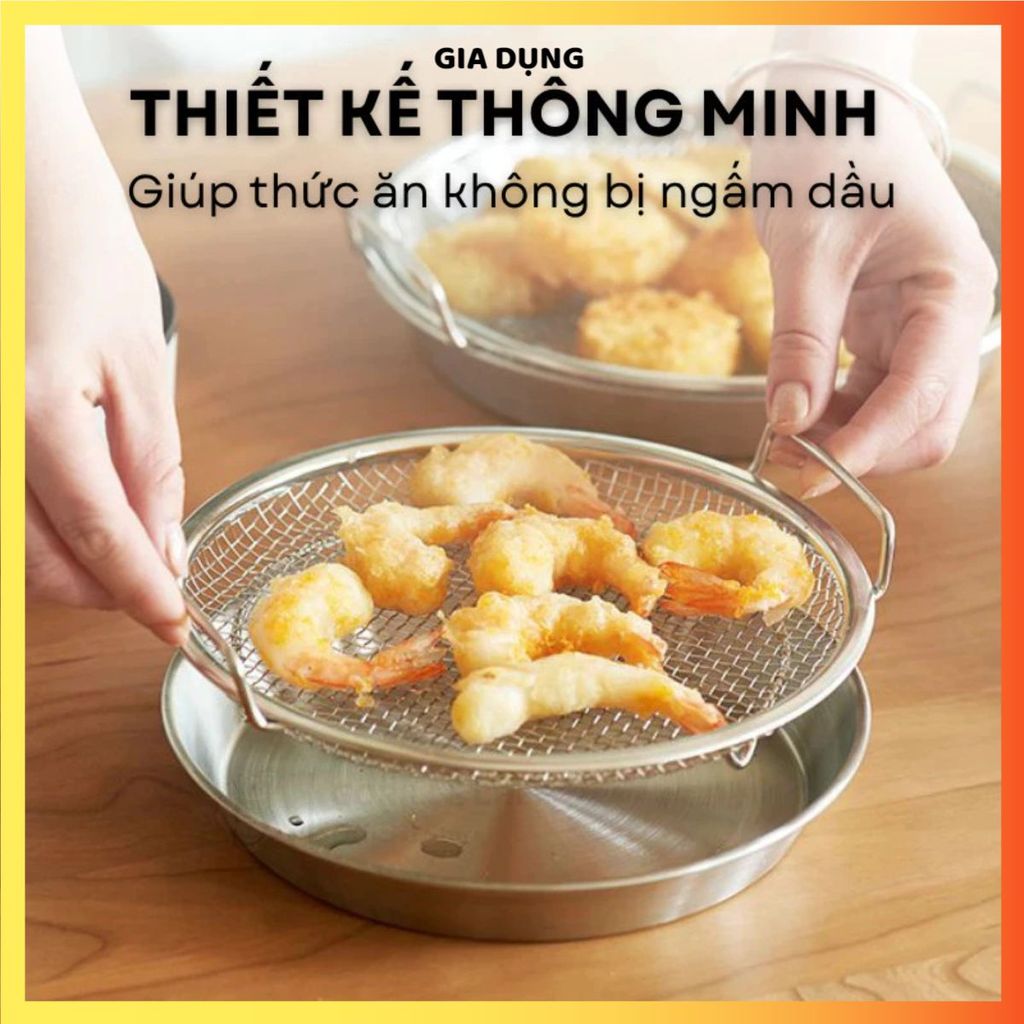 (COMBO 3) KHAY RÁO DẦU INOX 304 TRÒN 20CM - Kèm Vỉ Lưới Cao Cấp, Dụng Cụ Nhà Bếp Tiện Lợi