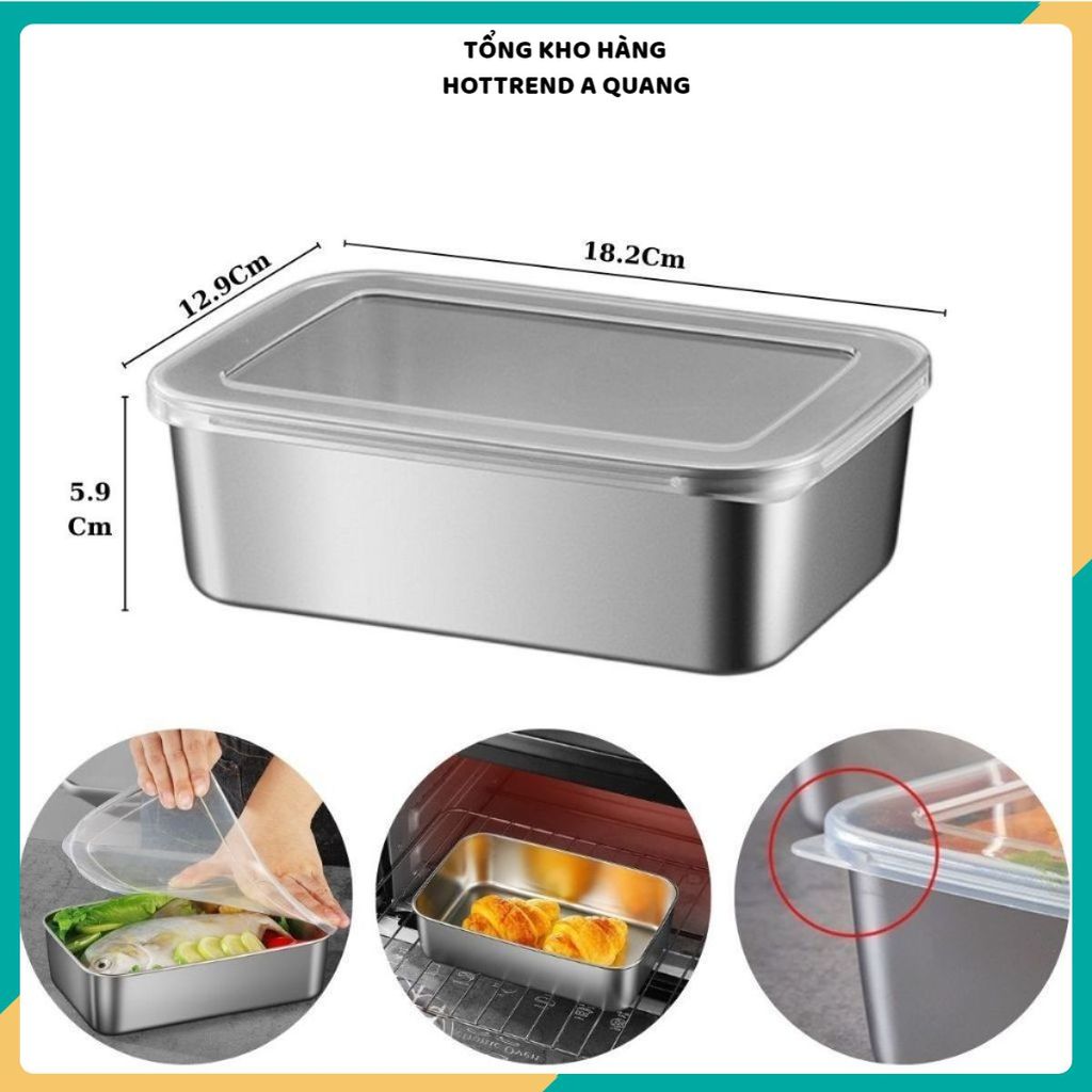 (COMBO 5) KHAY ĐỰNG THỰC PHẨM INOX 304 CÓ NẮP NHỰA - Hộp Bảo Quản Thực Phẩm 3 Size Tiện Lợi 22-24CM
