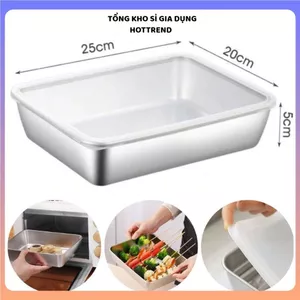 KHAY ĐỰNG THỰC PHẨM INOX 304 CÓ NẮP NHỰA - Hộp Bảo Quản Thực Phẩm 3 Size Tiện Lợi 22-24CM
