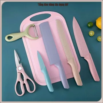 BỘ DAO NHÀ BẾP 6 MÓN CAO CẤP, Dao Lúa Mạch Cán Nhựa, Lưỡi Dao Chống Gỉ, Dao Thái, Dao Gọt, Kéo Nhà Bếp, Kèm Hộp