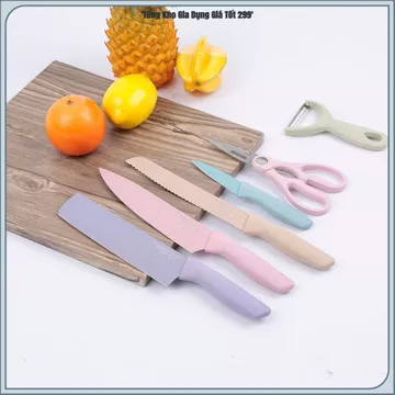 BỘ DAO NHÀ BẾP 6 MÓN CAO CẤP, Dao Lúa Mạch Cán Nhựa, Lưỡi Dao Chống Gỉ, Dao Thái, Dao Gọt, Kéo Nhà Bếp, Kèm Hộp