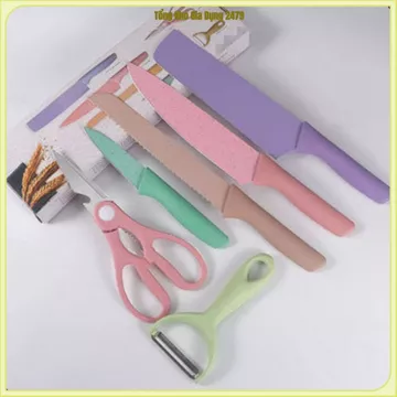 BỘ DAO NHÀ BẾP 6 MÓN CAO CẤP, Dao Lúa Mạch Cán Nhựa, Lưỡi Dao Chống Gỉ, Dao Thái, Dao Gọt, Kéo Nhà Bếp, Kèm Hộp