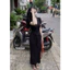Đầm maxi đen ngắn tay cổ V đính cúc thắt đai eo chất thun co giãn phong cách Hàn Quốc HCOM27734