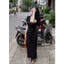 Đầm maxi đen ngắn tay cổ V đính cúc thắt đai eo chất thun co giãn phong cách Hàn Quốc HCOM27734