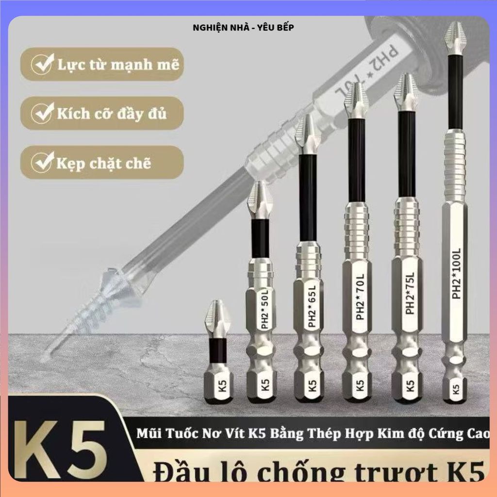MŨI VÍT CHỐNG TRƯỢT K5 THÉP CRV ĐẦU NAM CHÂM, Độ Bền Cao Chịu Lực Tốt, Hỗ Trợ Bắt Vít Chính Xác, Dùng Cho Máy Khoan Đa N