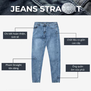 Quần jeans nam Hậu Tâm ống thẳng ôm vừa, co giãn thoải mái, 95% cotton 5% spandex, dễ phối đồ trẻ trung
