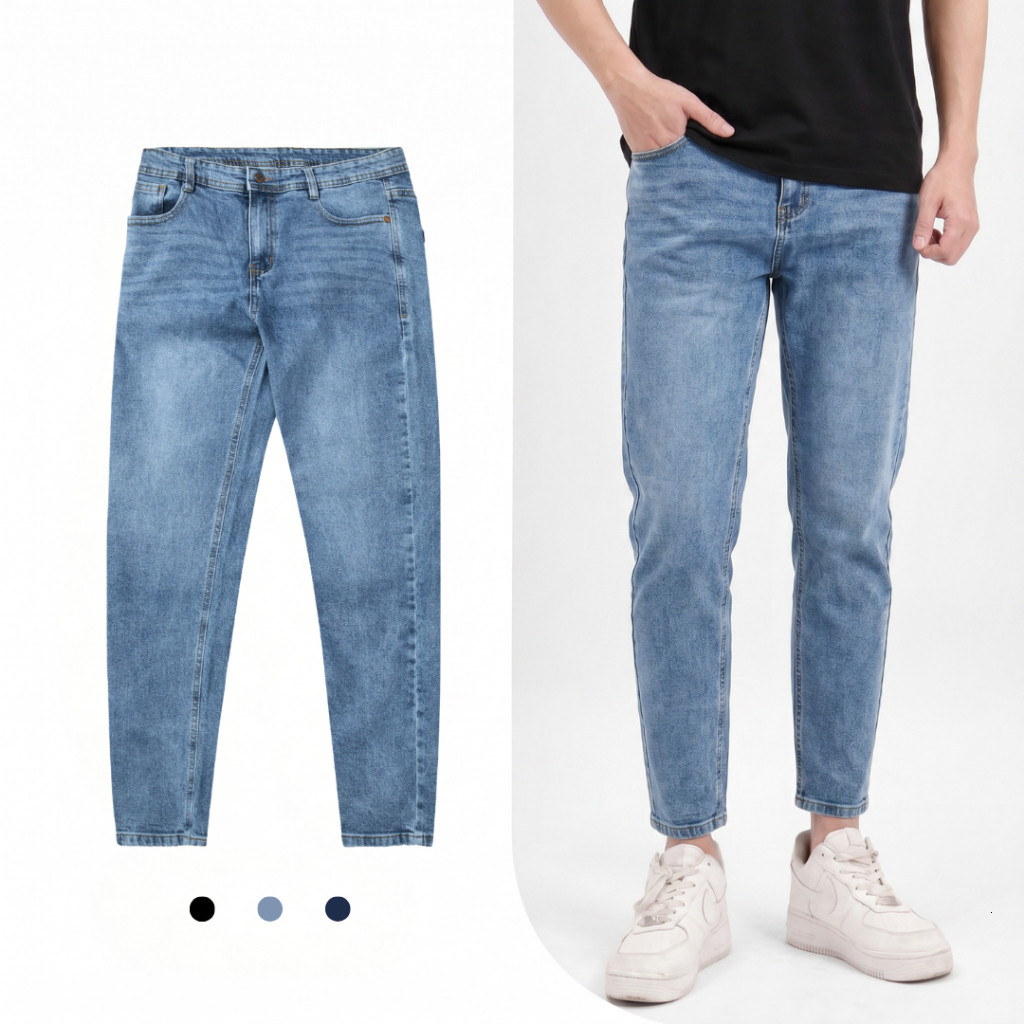 Quần jeans nam Hậu Tâm ống thẳng ôm vừa, co giãn thoải mái, 95% cotton 5% spandex, dễ phối đồ trẻ trung