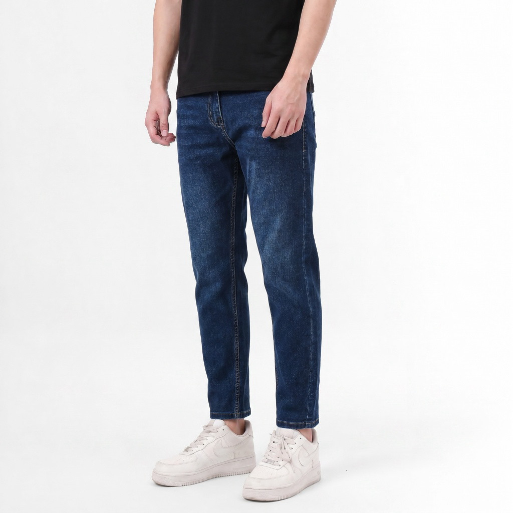 Quần jeans nam Hậu Tâm ống thẳng ôm vừa, co giãn thoải mái, 95% cotton 5% spandex, dễ phối đồ trẻ trung
