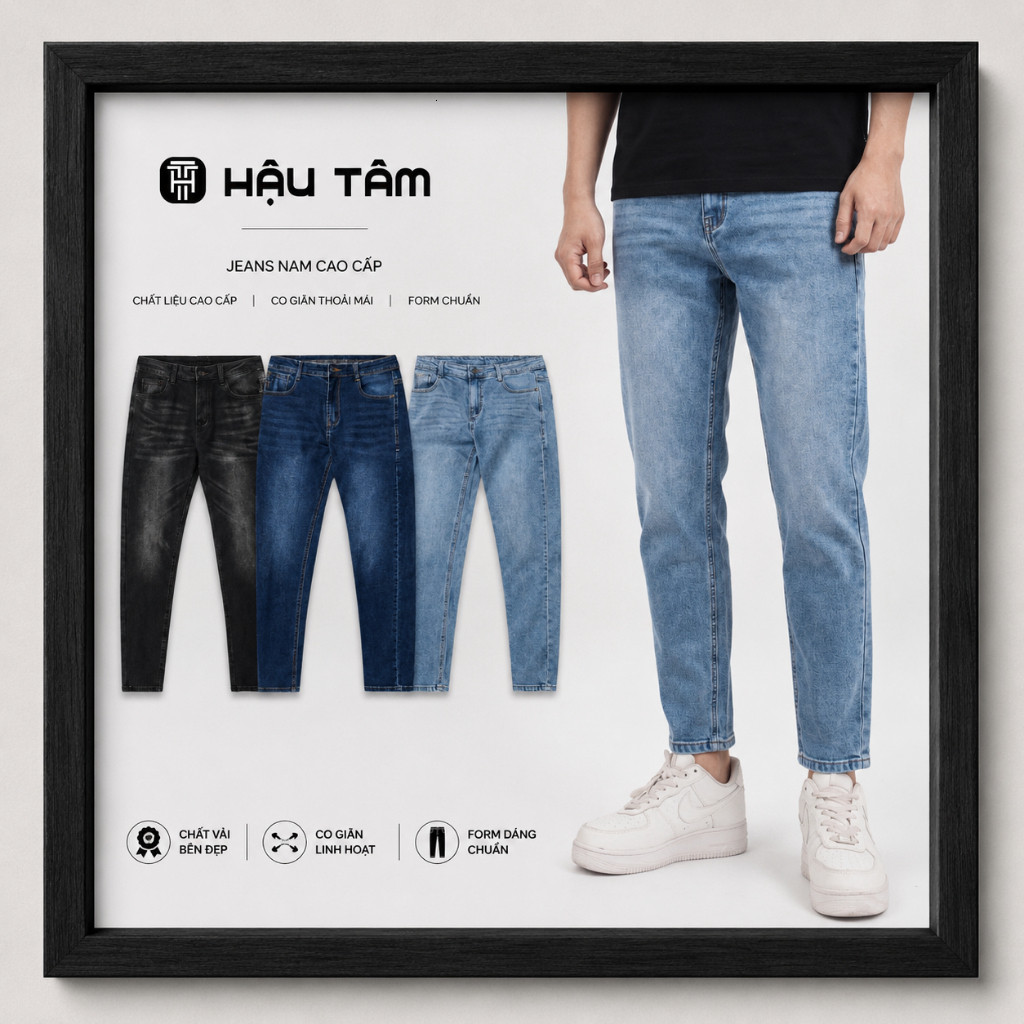 Quần jeans nam Hậu Tâm ống thẳng ôm vừa, co giãn thoải mái, 95% cotton 5% spandex, dễ phối đồ trẻ trung