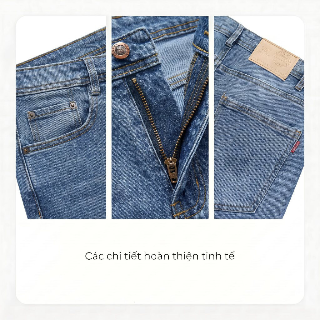 Quần jeans nam Hậu Tâm ống thẳng ôm vừa, co giãn thoải mái, 95% cotton 5% spandex, dễ phối đồ trẻ trung