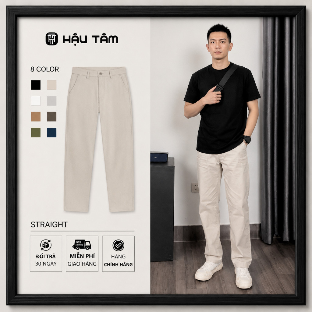 Quần kaki nam ống đứng Hậu Tâm túi vip đồng hồ, cotton 95% co giãn 5%, không xù, không phai màu
