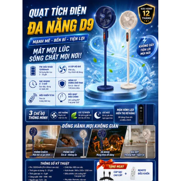 Quạt Đứng Sạc Pin 12 Inch, 8 Cấp Gió Dùng Cho Phòng Ngủ Văn Phòng Camping, Quạt Tích Điện Có Remote