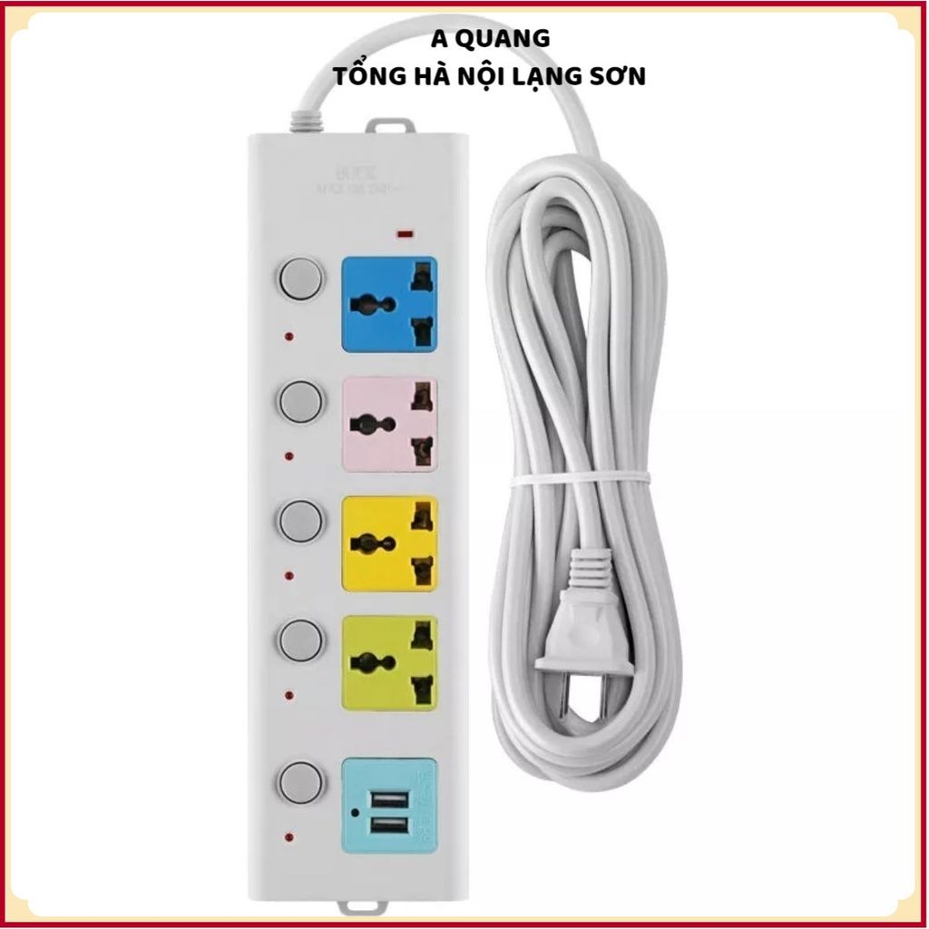 Ổ ĐIỆN ĐA NĂNG CHỐNG GIẬT 2500W 2 CỔNG USB - Dây dài 2M 5M, ổ cắm điện nhiều lỗ, an toàn cho gia đình, văn phòng