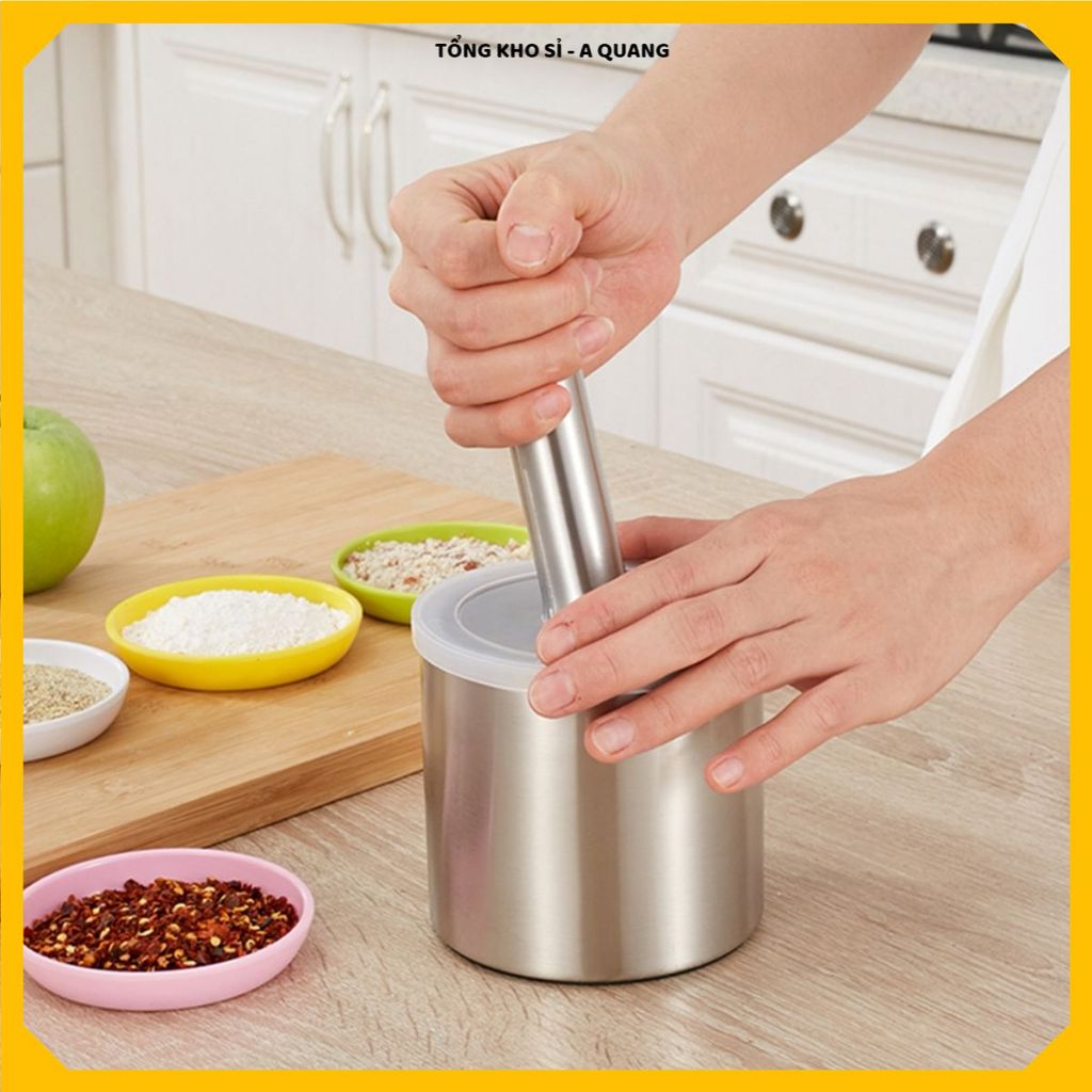 BỘ CỐI CHÀY INOX 304 CAO CẤP, THÉP KHÔNG GỈ KÈM NẮP ĐẬY, Giã Gia Vị Tiện Lợi, Bền Đẹp Lâu Dài