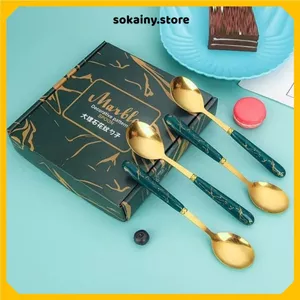 SET 6 THÌA ĂN CƠM INOX MẠ VÀNG - Cán Sứ DeCor Đẹp Mắt, Phù Hợp Gia Đình Hiện Đại