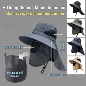 Mũ Bucket Vành Rộng Chống UV - Mũ Nón Rộng Vành Chống Nắng Bảo Vệ Cổ, Kèm Khăn Che Mặt Thoáng Khí, Siêu Nhẹ Dành Cho Đi