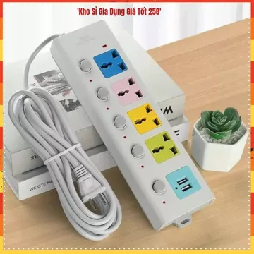(COMBO 2) Ổ CẮM ĐIỆN ĐA NĂNG CÔNG SUẤT LỚN, Ổ Cắm Điện USB, Dây Dài 5M, 2 Cổng USB, Ổ Cắm Chống Giật, Chốt An Toàn,