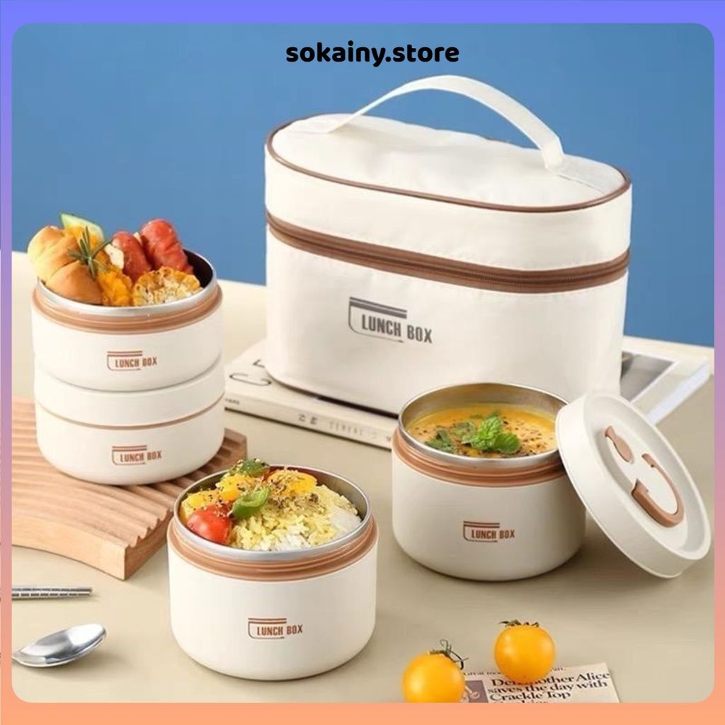 HỘP CƠM LUNCH BOX 3 TẦNG INOX GIỮ NHIỆT - Hộp đựng cơm văn phòng, kèm túi giữ nhiệt, đũa thìa, tiện lợi mang theo