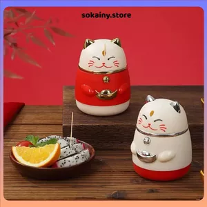 HŨ ĐỰNG TĂM HÌNH MÈO THẦN TÀI MAY MẮN DỄ THƯƠNG- Hộp đựng tăm decor bàn ăn, tự động lấy tăm, trang trí nhà bếp